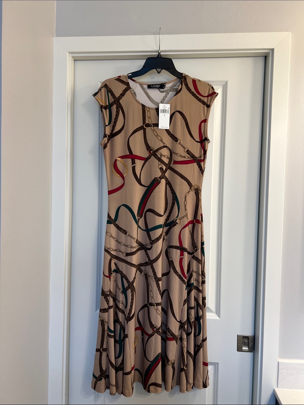 Lauren Ralph Lauren Beige Midi Dress with Multicolor Chain-Print